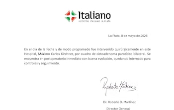 El parte médico del Hospital Italiano La Plata, firmado por el Dr. Roberto D. Martínez