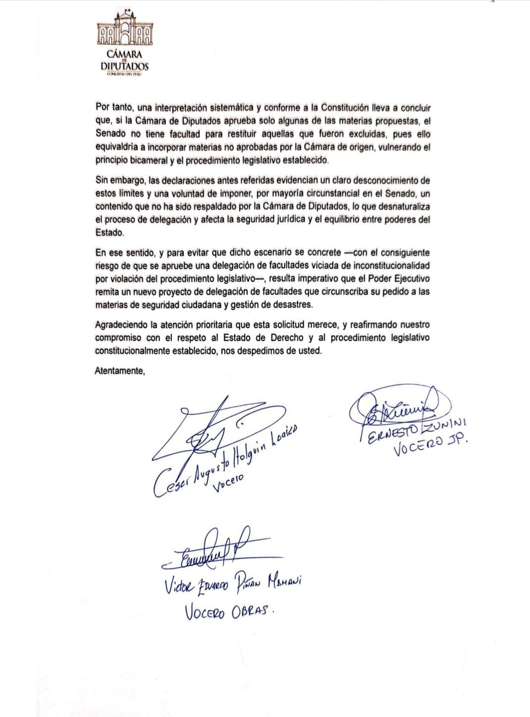 Un comunicado oficial de la Cámara de Diputados del Perú solicita al Poder Ejecutivo ajustar el proyecto de delegación de facultades a materias de seguridad y desastres.