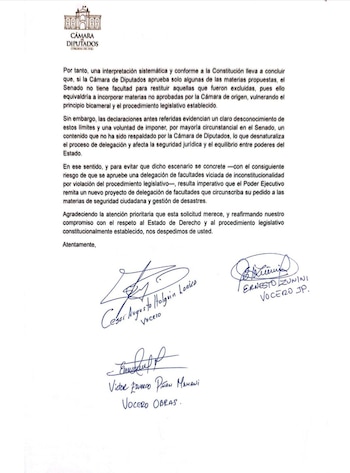 Documento impreso con el logotipo de la Cámara de Diputados del Perú, texto mecanografiado y tres firmas manuscritas en la parte inferior