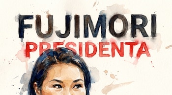 Ilustración en acuarela de una mujer con cabello oscuro y ojos marrones, junto a las palabras grandes FUJIMORI en negro y PRESIDENTA en rojo.