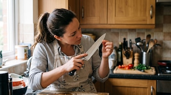 Una mujer con delantal sostiene un cuchillo de cocina de hoja metálica y toca su borde filoso con los dedos.
