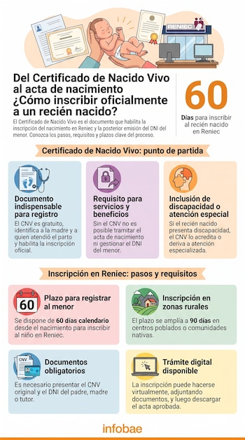 Infografía con un recién nacido en manos de adultos, documentos, una oficina de Reniec e íconos sobre los pasos y plazos para la inscripción civil.