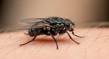 Primer plano de una mosca negra de cuerpo oscuro y ojos grandes posada sobre la superficie de la piel humana con folículos pilosos, fondo beige desenfocado.