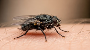 Macro impactante: Mosca negra en detalle sobre la piel humana - VisualesIA ScribNews