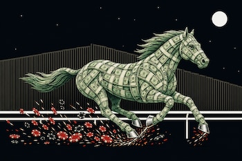 Un caballo integrado por billetes de dólar galopa sobre una pista, expulsando fichas de casino rojas y negras ante una valla metálica.