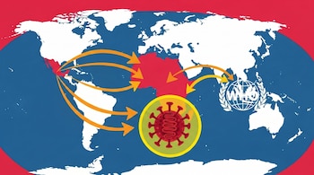 Mapa mundial con flechas naranjas que conectan México con África. Se observa un icono de virus rojo y el logo de la OMS sobre un fondo azul y rojo.