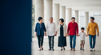 Grupo de siete personas de origen asiático, de diferentes edades, caminando de la mano por un pasillo moderno con pilares y luz natural, una pared azul oscura a la izquierda.