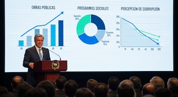 Arévalo en un podio con micrófono. Detrás, una pantalla exhibe gráficos sobre obras públicas, programas sociales y percepción de corrupción. Audiencia presente.