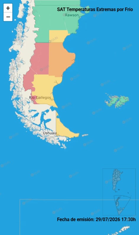 Un mapa del Servicio Meteorológico Nacional muestra las zonas de la Patagonia argentina con alerta por temperaturas extremas de frío el 29 de julio de 2026.