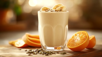 Licuado de plátano, naranja y semillas de calabaza, bebida nutritiva y saludable, rica en vitaminas y fibra, ideal para el desayuno - (Imagen Ilustrativa Infobae)