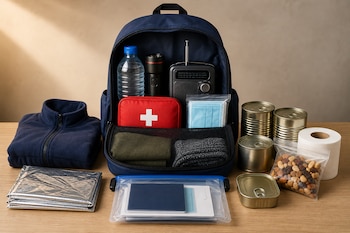 Mochila azul abierta con agua, linterna, botiquín y radio junto a conservas, abrigo y documentos colocados sobre una mesa de madera.