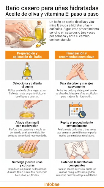 Ilustraciones que detallan el proceso de un baño de uñas con aceite de oliva y vitamina E, incluyendo botellas, cuencos, manos y guantes.