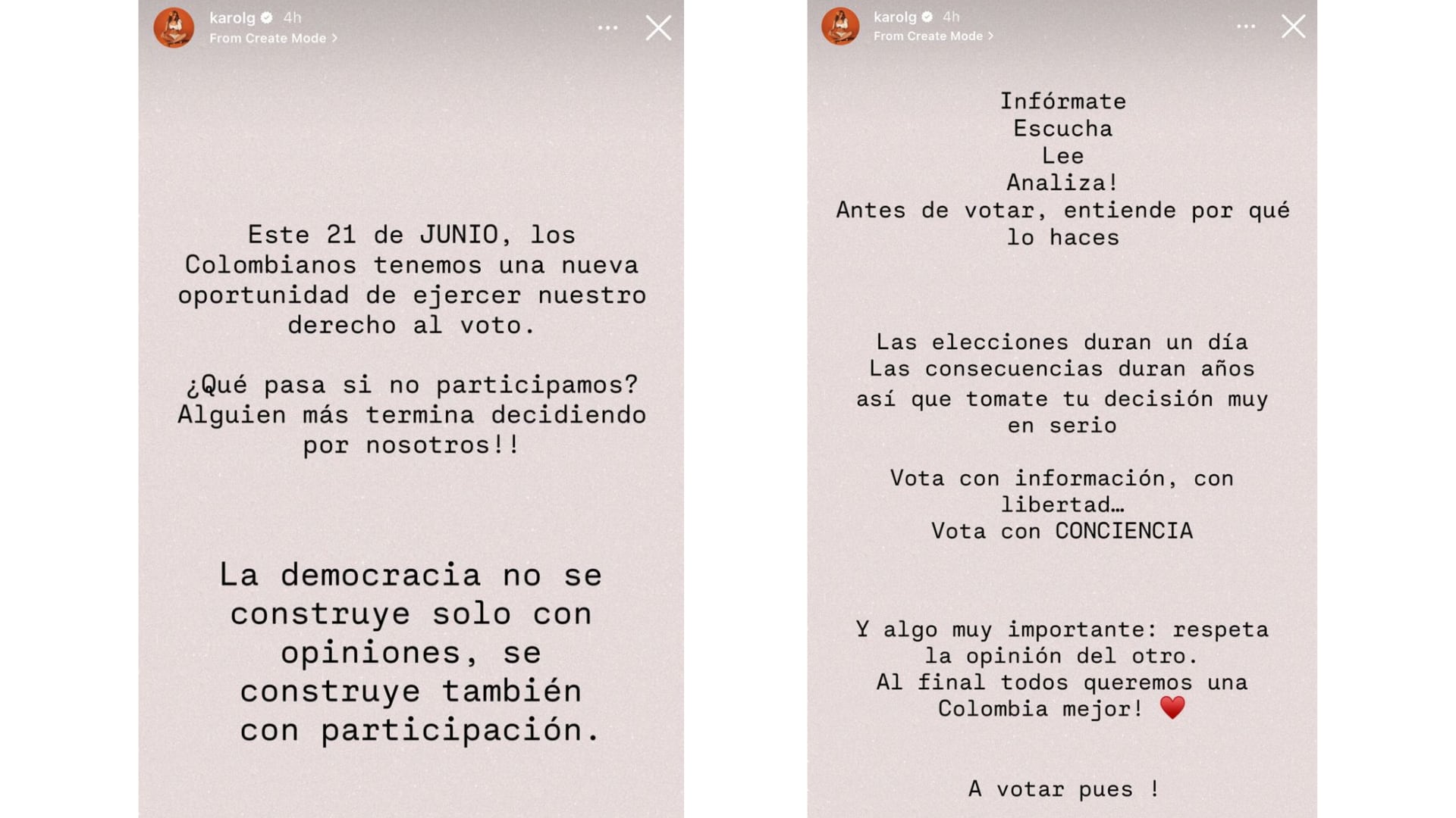 Karol G reapareció en redes para motivar a sus seguidores a participar de manera informada y responsable - crédito @karolg / Instagram