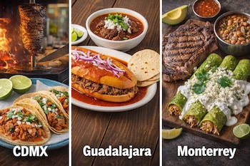 Collage de antojitos mexicanos. Tacos al pastor, trompo, torta ahogada, birria, carne asada, enchiladas, frijoles, limones. Textos: CDMX, Guadalajara, Monterrey.