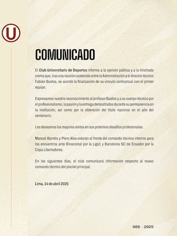 Comunicado de Universitario respecto a