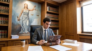 Un joven abogado de traje sentado en un escritorio de madera leyendo un libro titulado "Constitución", con una pintura de la Dama de la Justicia al fondo y estanterías llenas de libros legales.