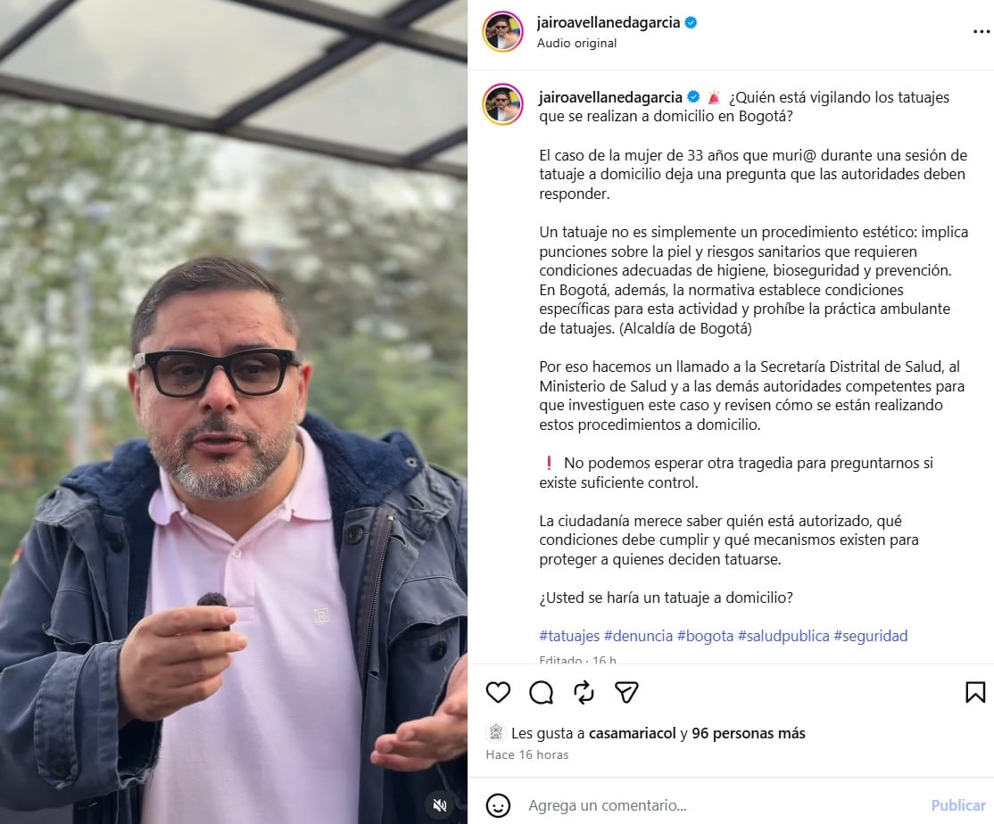 El concejal Jairo Avellaneda se refirió al caso de la mujer de 38 años en Bogotá el martes 18 de agosto de 2026 - crédito @jairoavellanedagarcia/IG