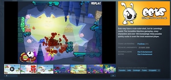 Captura de pantalla de la página del juego Eets, mostrando la jugabilidad animada con personajes y objetos, y el logo del juego con texto promocional