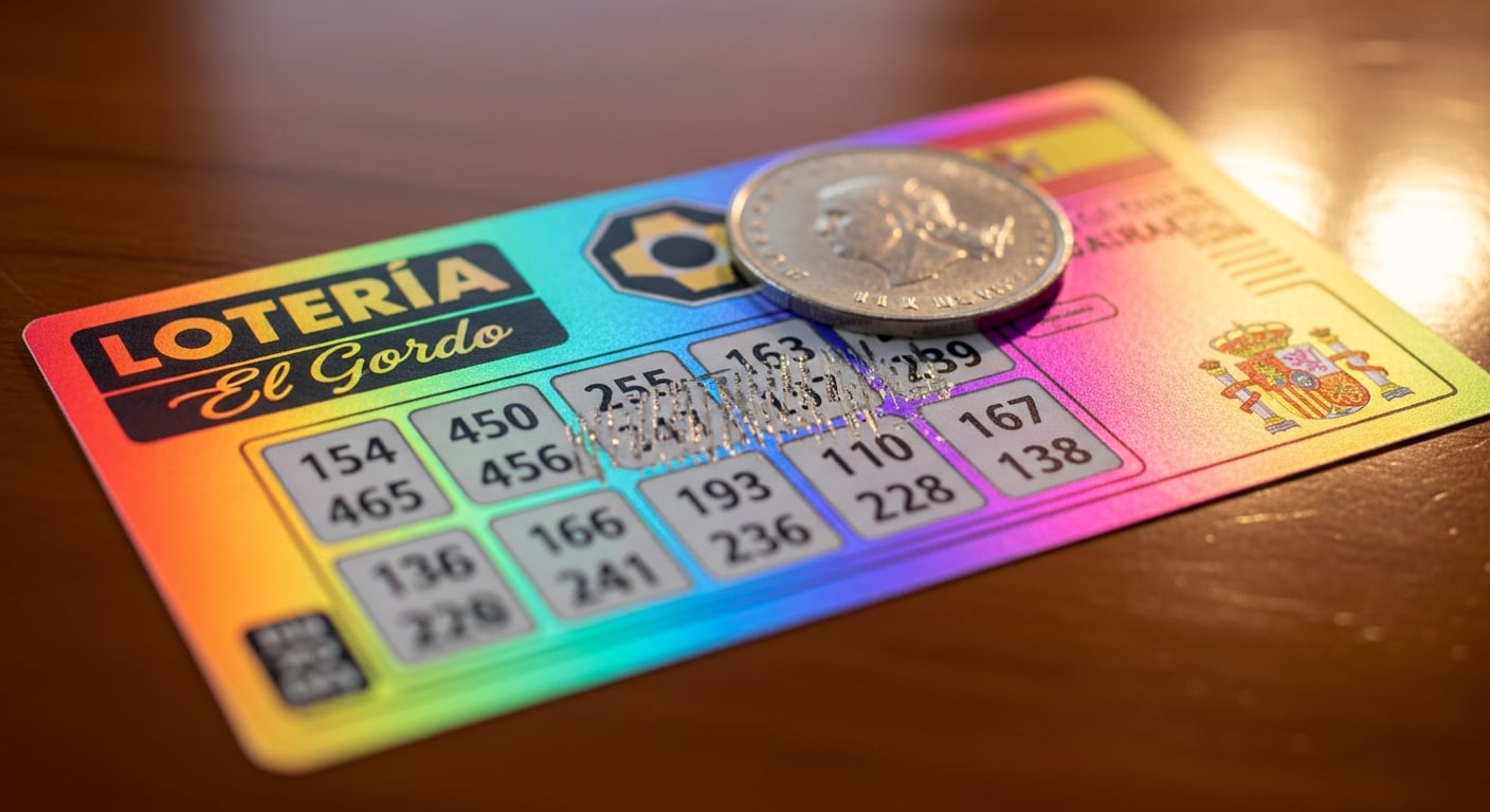 Un boleto de la Lotería El Gordo con números parcialmente rascados y una moneda de euro encima, simbolizando la esperanza de ganar un premio. (Imagen Ilustrativa Infobae)