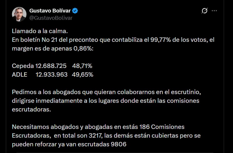 Gustavo Bolívar hizo un llamado a la calma y afirmó que necesitan abogados en 186 comisiones escrutadoras - crédito @GustavoBolivar/X