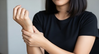 Primer plano de una mujer joven con cabello oscuro y camiseta negra, sujetándose la muñeca izquierda con la mano derecha sobre un fondo neutro.