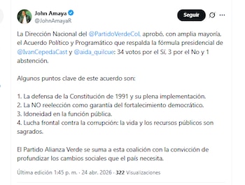 El senador John Amaya explicó en detalle lo que significa el apoyo de Alianza Verde a Iván Cepeda - crédito @JohnAmayaR/X