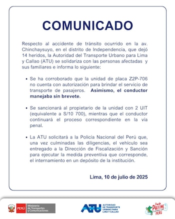 Comunicado de la ATU confirma