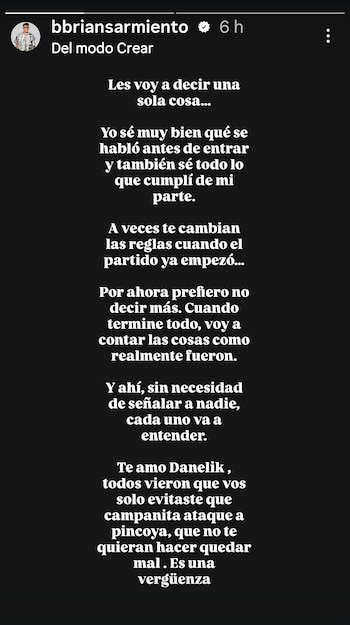 Captura de pantalla de una historia de Instagram del usuario bbriansarmiento con texto en blanco sobre fondo negro
