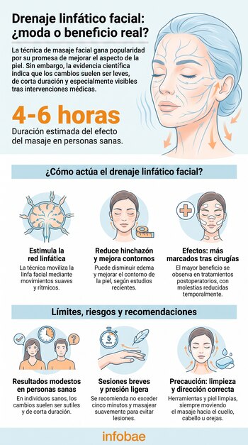 Infografía con rostro, vías linfáticas, ganglios, personas, cronómetro, pluma, gota, jabón, y texto sobre drenaje linfático facial de Infobae.