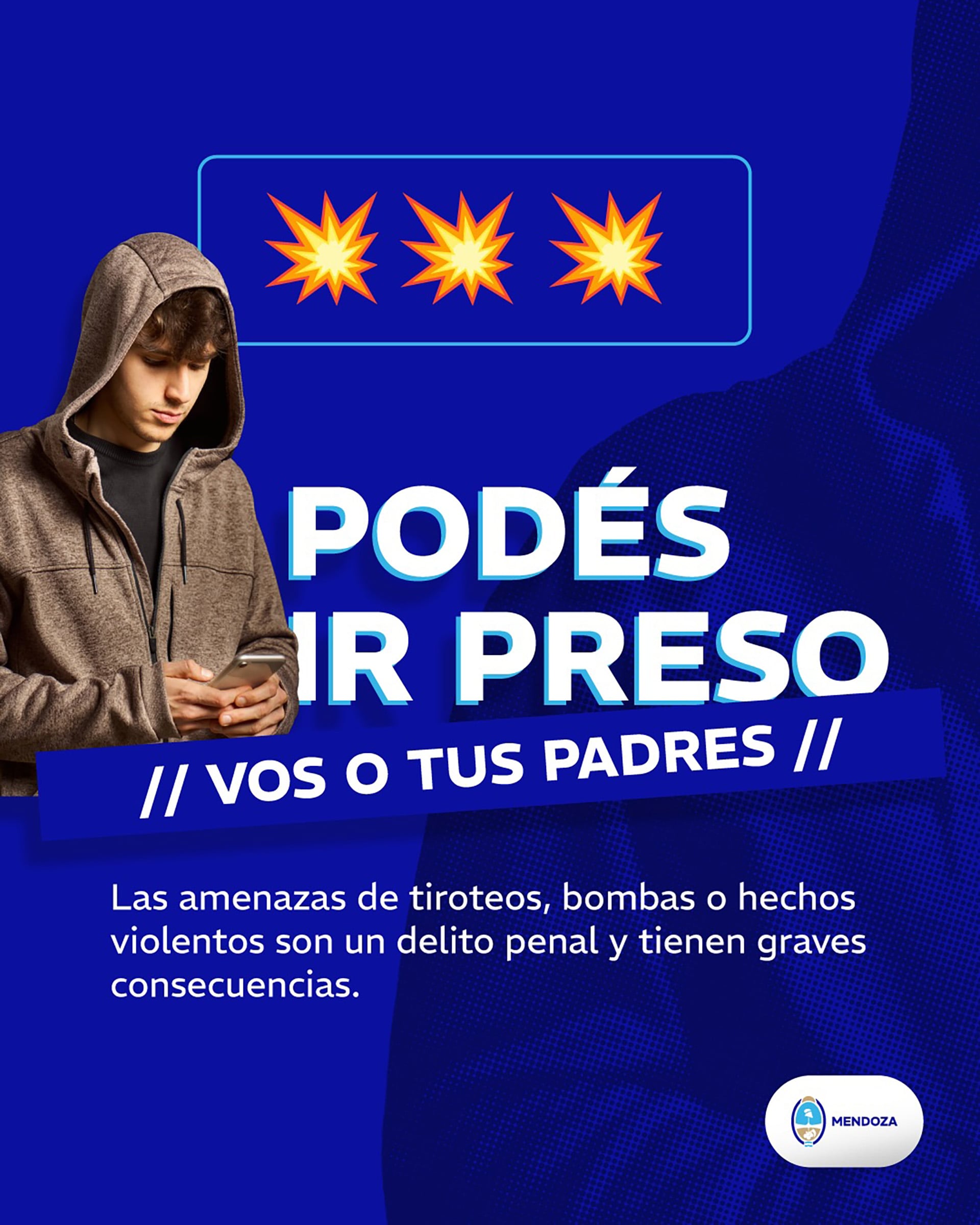 Un póster advierte a los jóvenes sobre las graves consecuencias legales, incluyendo prisión, por realizar amenazas de violencia como tiroteos o bombas.