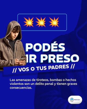 Póster azul con un joven en capucha usando un teléfono, y texto grande 'PODÉS IR PRESO'. Incluye ilustraciones de explosiones y el logo de Mendoza