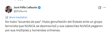 José Félix Lafaurie cuestionó la defensa de Juan Manuel Santos al Acuerdo de Paz de 2016 y afirmó que el Estado cedió ante las antiguas Farc - crédito @jflafaurie/X
