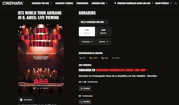Captura de pantalla de una página web con un cartel publicitario del grupo BTS y opciones de horarios en un cine de Lima