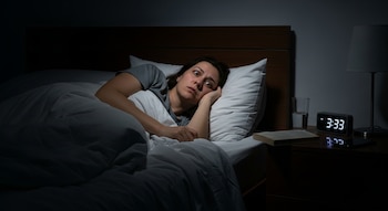 Mujer con expresión de angustia acostada en la cama oscura, con los ojos abiertos. Un reloj digital en la mesita de noche marca las 3:33 AM.
