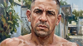 Pintura al óleo de un hombre con cabello corto y mirada fija, frente a hojas verdes y una estructura urbana.