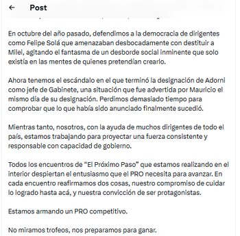 Segunda parte del posteo en X de Fernando de Andreis