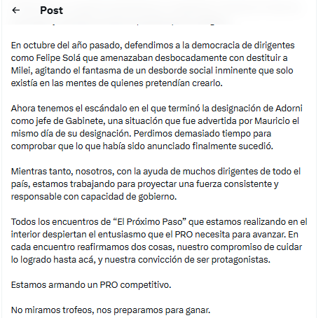 Segunda parte del posteo en X de Fernando de Andreis