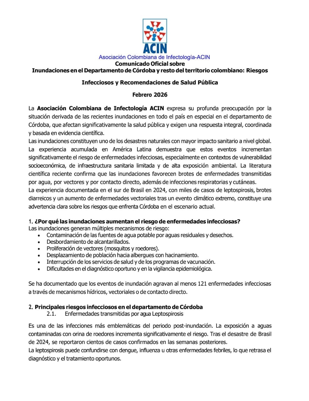 El gremio de infectólogos pidió fortalecer la vigilancia epidemiológica y garantizar agua potable segura tras las emergencias por lluvias- crédito Acin