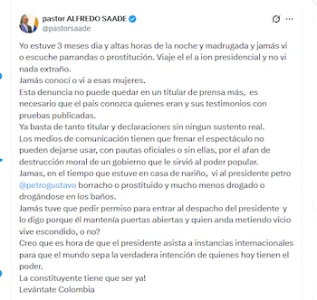 El pastor Alfredo Saade negó que hayan existido parrandas o prostitución en el gobierno del expresidente Petro - crédito @pastorsaade/X