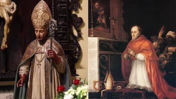 Díptico. Izquierda: estatua de santo con mitra dorada, báculo, sotana y capa. Derecha: pintura de clérigo arrodillado con vestimenta roja, mitra y crucifijo
