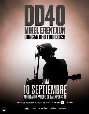 Cartel promocional del concierto DD40 de Mikel Erentxun y Duncan Dhu Tour 2026, mostrando una silueta del artista con sombrero, micrófono y guitarra