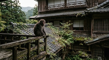 Un macaco de pelaje marrón está sentado en una barandilla de madera junto a tejados de tejas oscuras y plantas silvestres.
