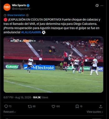 Agustín Irazoque fue trasladado en ambulancia a un hospital de Cúcuta tras recibir un golpe en la nuca en el partido entre Internacional de Bogotá y Cúcuta Deportivo-crédito @WinSportsTV/X