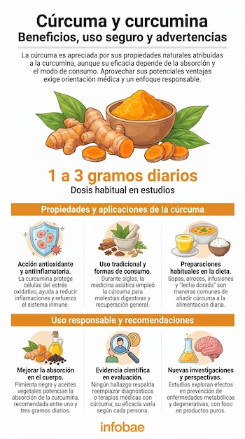 Infografía detallada sobre la cúrcuma y curcumina, mostrando raíces, polvo, rodajas, íconos de salud, alimentos y elementos de investigación.