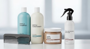 Bodegón de productos para el cuidado del cabello: champú azul, acondicionador beige, mascarilla marrón, protector térmico blanco en spray y peine negro.