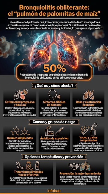 Pulmones ilustrados, estructuras químicas, palomitas de maíz. Texto sobre bronquiolitis obliterante, síntomas, causas, daños, tratamientos y prevención.