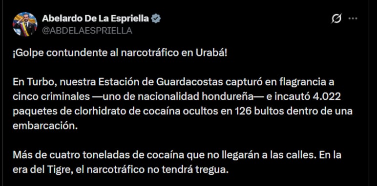Según Abelardo de la Espriella, entre los detenidos hay un ciudadano de nacionalidad hondureña - crédito @ABDELAESPRIELLA/X