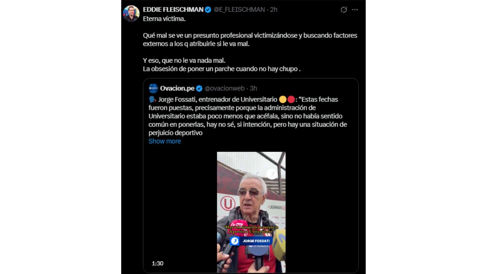 Eddie Fleischman cuestionó a Jorge Fossati por quejarse de la programación del clásico Universitario vs Alianza Lima.