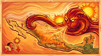 Ilustración de una figura de fuego que sopla hacia el mapa de México, rodeada de soles, personas sudando y cactus.