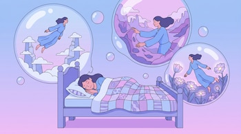Ilustración plana de persona durmiendo en una cama, rodeada de burbujas oníricas. La figura vuela entre nubes, moldea montañas y flota entre flores. Paleta pastel.